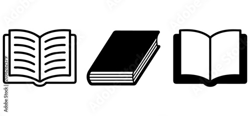 Photos Book Icons Set – Open Book, Closed Hardcover & Reading Book Black Silhouette Vector Collection