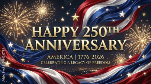 Happy 250th Anniversary America 1776-2026 Grand Celebration Banner with Fireworks and Waving US Flag.