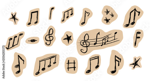 Collage cut out paper with hand drawn music notes for melody. Zine scrapbook elements