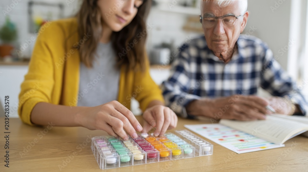 Fototapeta premium Young woman organizing medicine for elderly man with weekly pill box on table