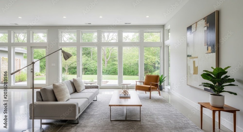 Fototapeta premium Modern living room with large windows and minimalist decor
