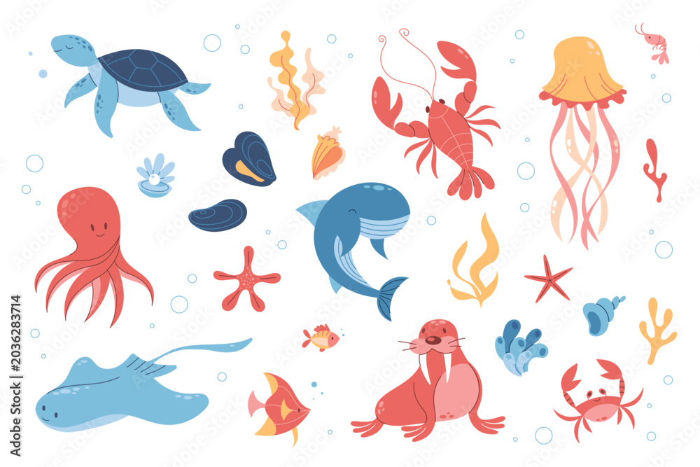 Fototapeta premium Cute sea animals life elements. Vector ocean animals set. Flat cartoon style underwater world wildlife collection for children isolated on white background. Underwater marine life set for kids design.