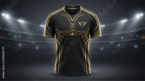 Black and gold sports jersey, athletic wear, team uniform, jersey design, sportswear
