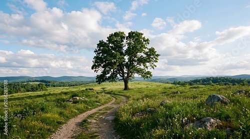 Solitary tree on a grassy hill with a winding path and rolling hills.