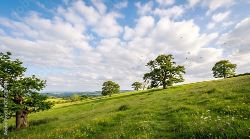 Vibrant green rolling hills with scattered trees under a cloudy blue sky