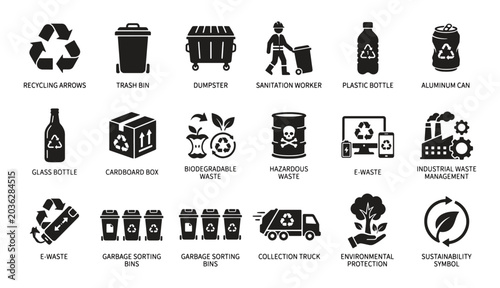 Waste management and recycling icons for ecofriendly industrial design projects. Vector illustration