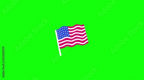 Stylized American flag with magenta-red stripes, royal blue canton and white stars attached to white pole. Isolated on vivid green screen, seamless looping animation, crisp flat vector style.