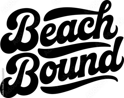 Beach bound typography presents a bold calligraphic script design that captures the energetic and carefree spirit of coastal summer holidays and oceanic travel adventures for various media.