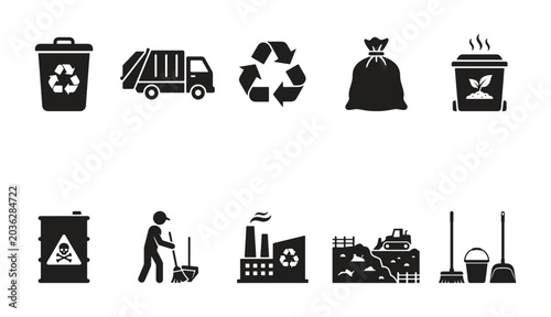 Waste disposal and industrial cleaning services icon set. Vector illustration