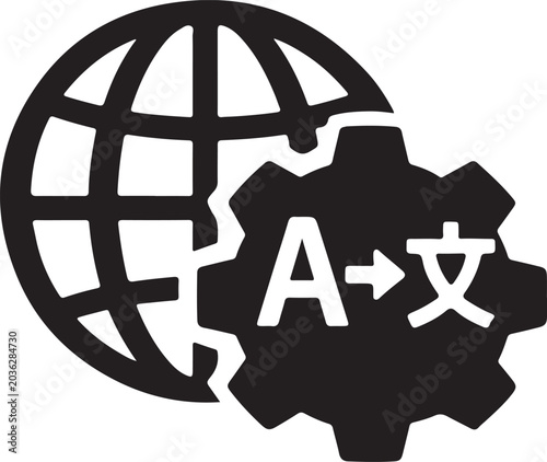 Foto Language translation gear with alphabet symbols icon for multilingual communication and localization tools