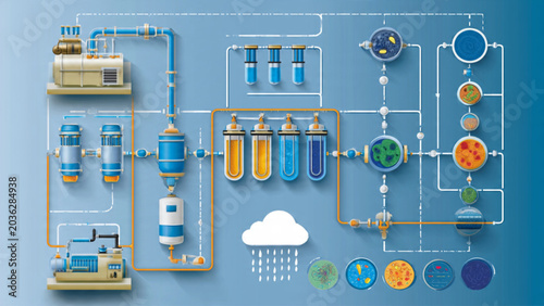 Detailed illustration of industrial water filtration system with colorful pipes and tanks