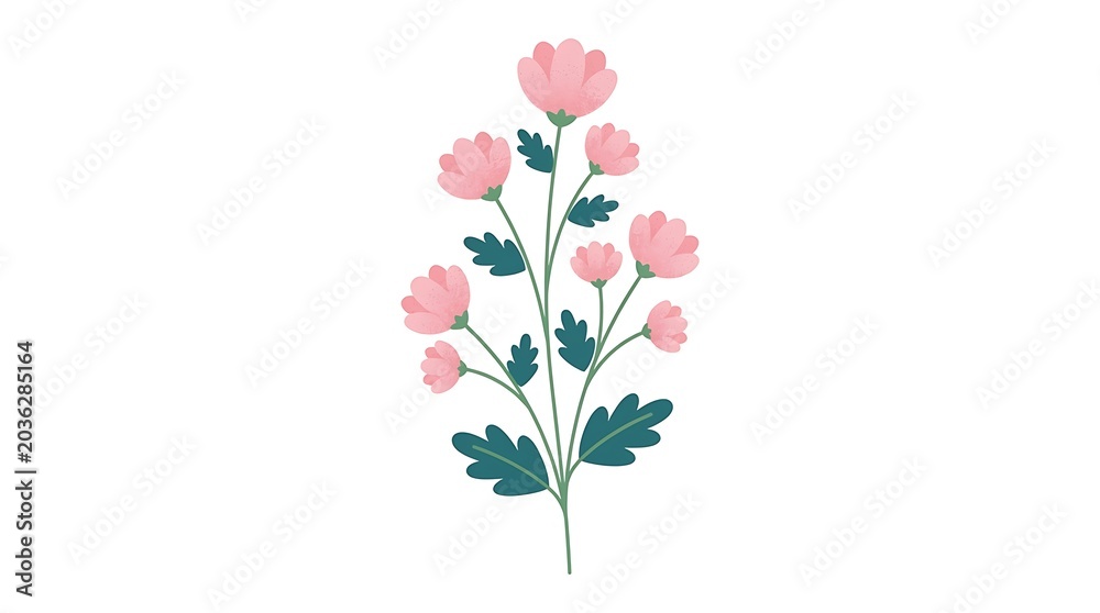 Fototapeta premium Cluster of pink flowers with green leaves on a stem against a white floral bloom