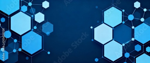 Hexagonal Network on Blue Background: An abstract representation of interconnected hexagons and nodes forming a digital network, rendered in varying shades of blue.