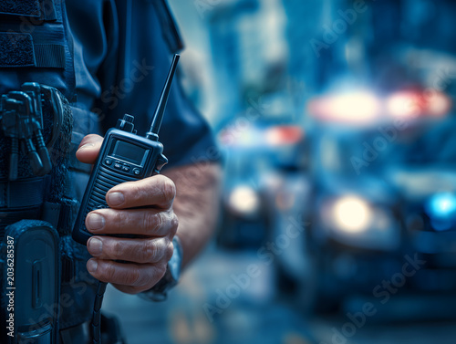 A professional police officer in uniform holds a portable radio on a street at night, with blurred emergency vehicle lights in the background. Concept of law enforcement, security, and public safety.