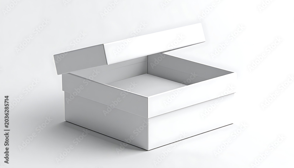 Naklejka premium Empty open white cardboard box with lid slightly ajar, isolated on a clean white surface, clean packaging concept