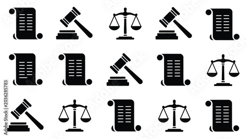 Schilderij op canvas Set of law icons including gavel scales of justice and legal documents on white