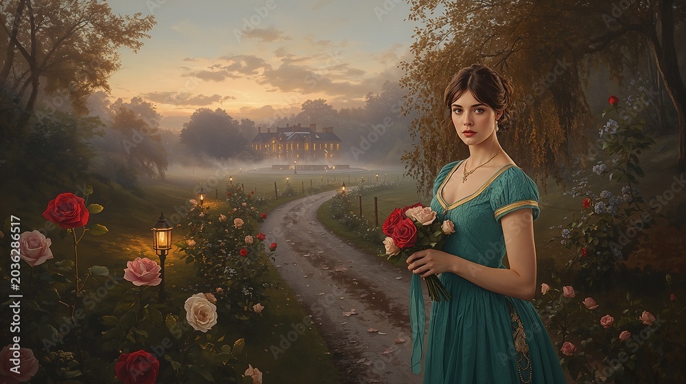 Obraz premium Romantic Regency Woman Holding Roses on Country Estate at Sunset, Elegant Vintage Portrait