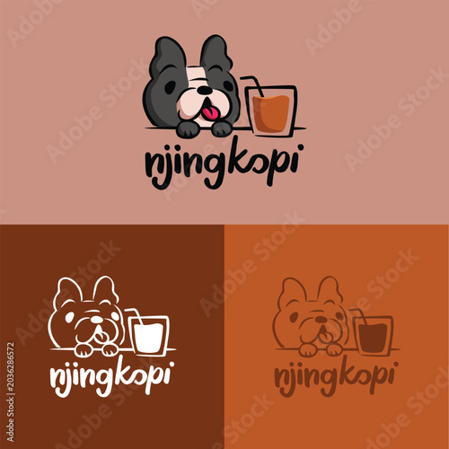 A CUTE FRENCH BULLDOG IS LOOKING AT A GLASS OF COFFEE MINIMALIST LOGO