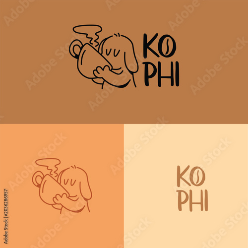 A DOG IS DRINKING A HUGE CUP OF COFFEE MINIMALIST LOGO