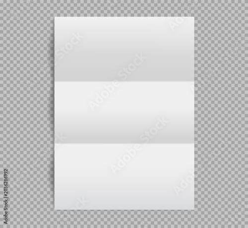 Realistic blank white paper sheet with two horizontal fold creases trifold and shadow on transparent background vector mockup