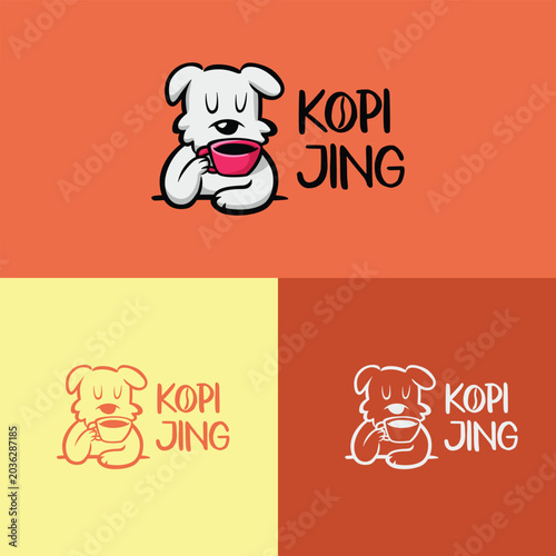 A DOG IS SITTING AND DRINKING A CUP OF COFFEE, HAND DRAWING LOGO
