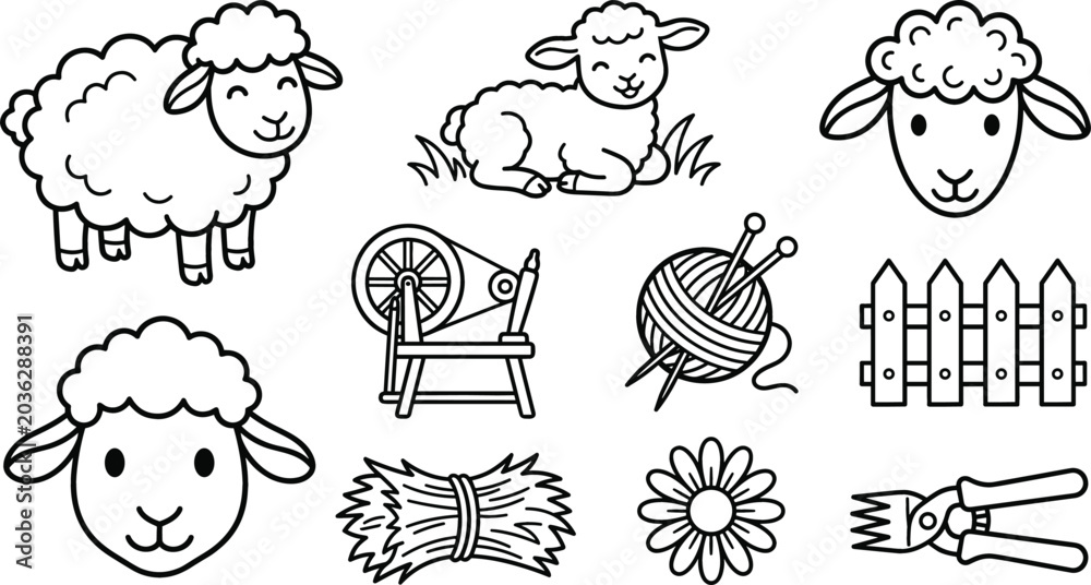 Fototapeta premium Cute Sheep and Wool Line Art Icon Set with Yarn Spinning Wheel and Farm Elements for Graphic Designs