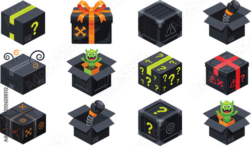Εκτύπωση καμβά Isometric Mystery Box Icon Set with Game Loot Crate Surprise Gift and Monster Pr