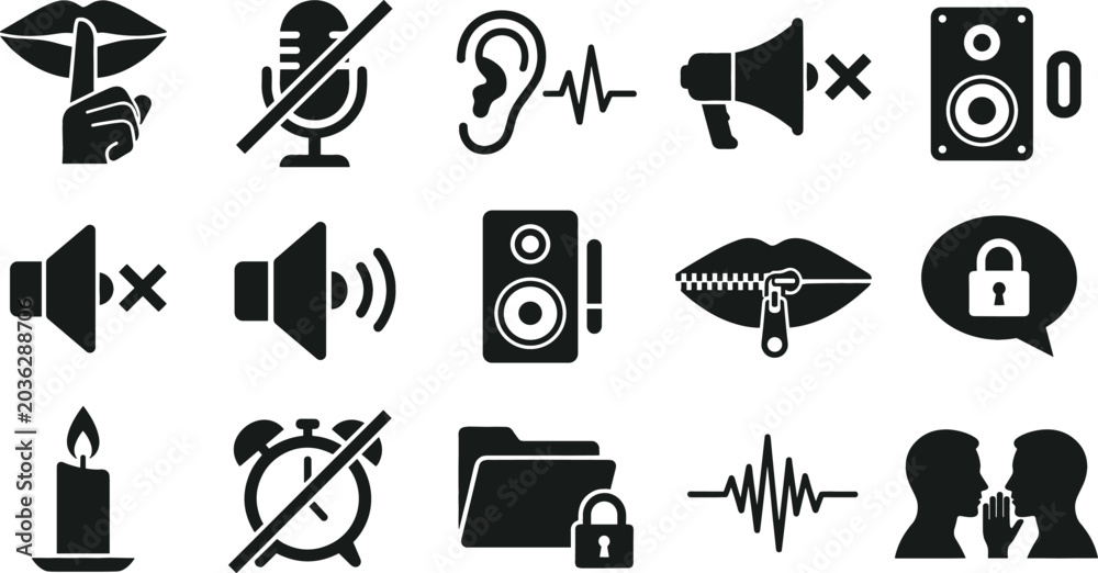 Fototapeta premium Silence and Audio Control Silhouette Icon Set with Mute Microphone Speaker and Secret Symbols for Graphic Designs
