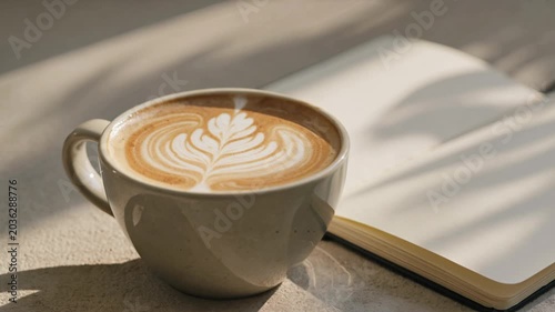 Latte art coffee cup on table with warm natural morning light