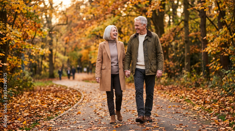 Fototapeta premium Happy senior couple holding hands walking through autumn park with golden fallen leaves