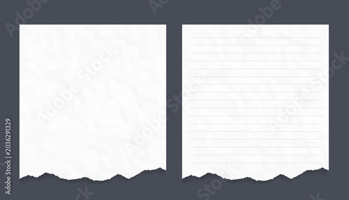 Two white crumpled paper sheets with torn bottom edges, one blank and one with horizontal lines