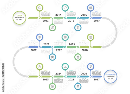 Foto Timeline infographic template with icons and 15 yearly milestones