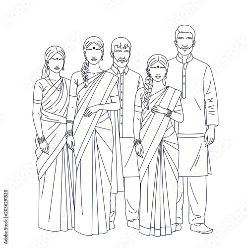 Indian Family Portrait, Traditional Attire, Line Art Illustration
