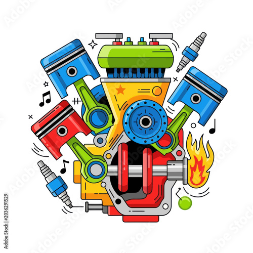 Colorful V6 Engine Illustration with Pistons, Spark Plugs, and Flames
