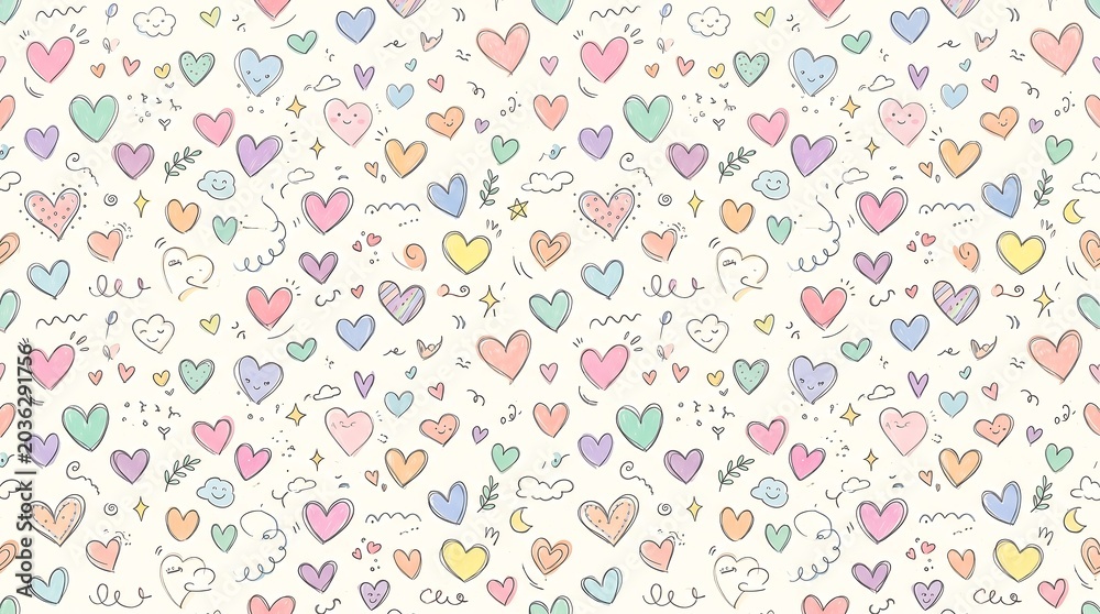 Obraz premium The image displays a digital illustration of numerous colorful hearts and stars on a white background.