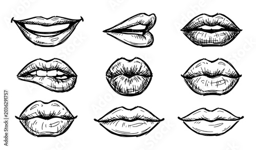 Fotografía Expressive freehand lips vector sketch set for beauty and fashion design
