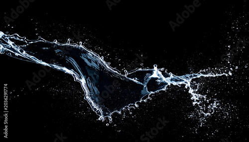 Dynamic water splash with droplets and dark background, liquid motion, refreshment and purity concept