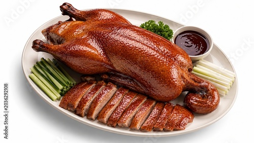 Fresh roast duck plating isometric 3D illustration, isolated premium gourmet food render for modern corporate presentation design
