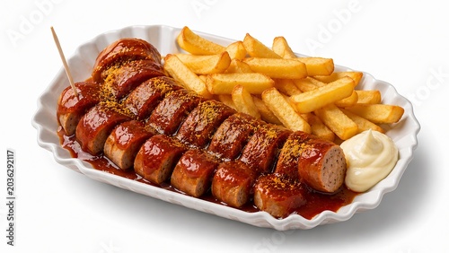 Elegant currywurst plate isometric 3D illustration, premium isolated food asset for high-end restaurant menu and presentation design