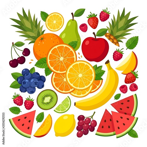 Colorful fresh fruits and vegetables illustration.