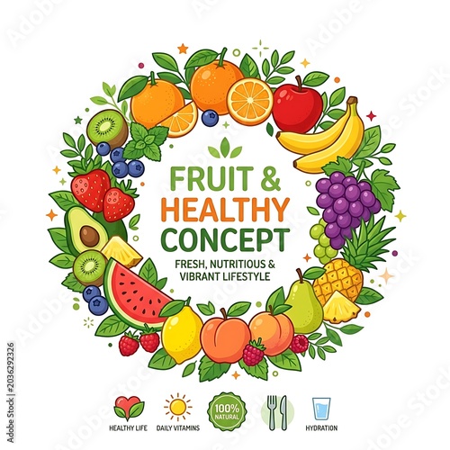 Colorful fruit and vegetable healthy lifestyle concept illustration.