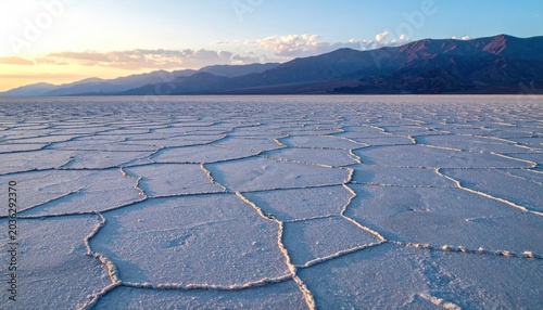 Badwater Basins Cracked Salt Flats at Sunset in Death Valley.