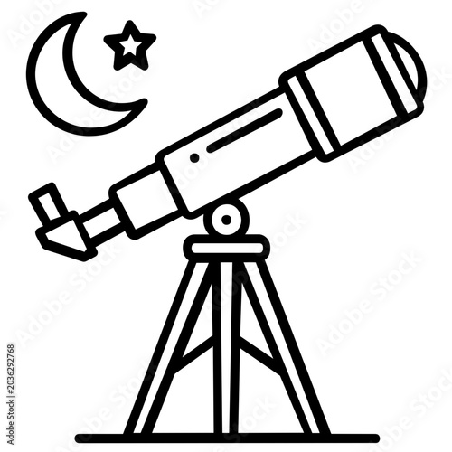 Moon sighting telescope line icon vector illustration for Ramadan and Islamic culture, featuring a crescent moon and star for Hilal observation, astronomy, and religious festivals like Eid.