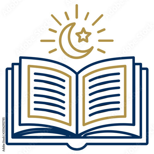 Holy Quran open book vector icon with crescent moon and star, Islamic Ramadan Kareem symbol, editable stroke, adjustable stroke, customizable, stroke weight, line weight, editable, thin line, stroke.