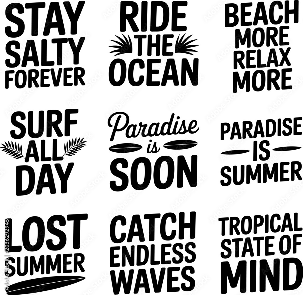Obraz premium Typography collection displays nine distinct black text based summer themed slogans arranged in a grid layout to celebrate surfing culture and beach vacation vibes for creative graphic design.