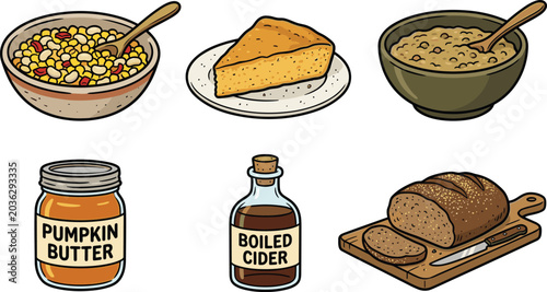 Obraz na plátně Traditional American Comfort Food Illustration Set with Succotash, Cornbread, Po