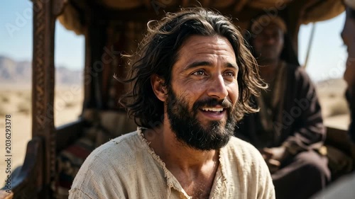 Joyful Philip the evangelist teaching holy scripture to the traveling eunuch inside a wooden chariot during early Christian ministry and conversion on a bright sunny day evoking deep religious faith