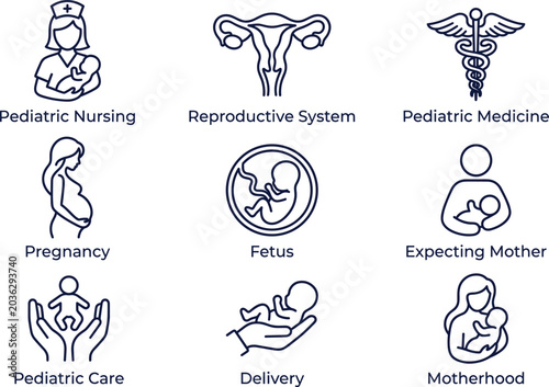 Pregnancy vector icon set with maternity pediatric nursing fetus delivery line art symbols on transparent checkered background