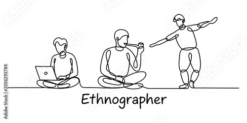 Foto Three people in a line drawing style, one using laptop, one smoking pipe, one st