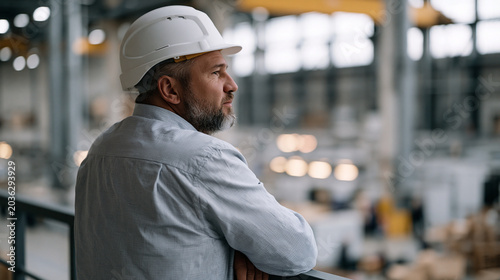 A single manufacturing engineer stands at a mezzanine railing overlooking the factory floor below during an early morning shift startup, observing the gradual powering up of production lines, the va